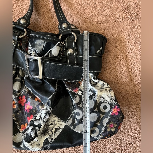 Black & Patchwork Bucket Style Handbag Metal Studs and Double Handles - Picture 5 of 6